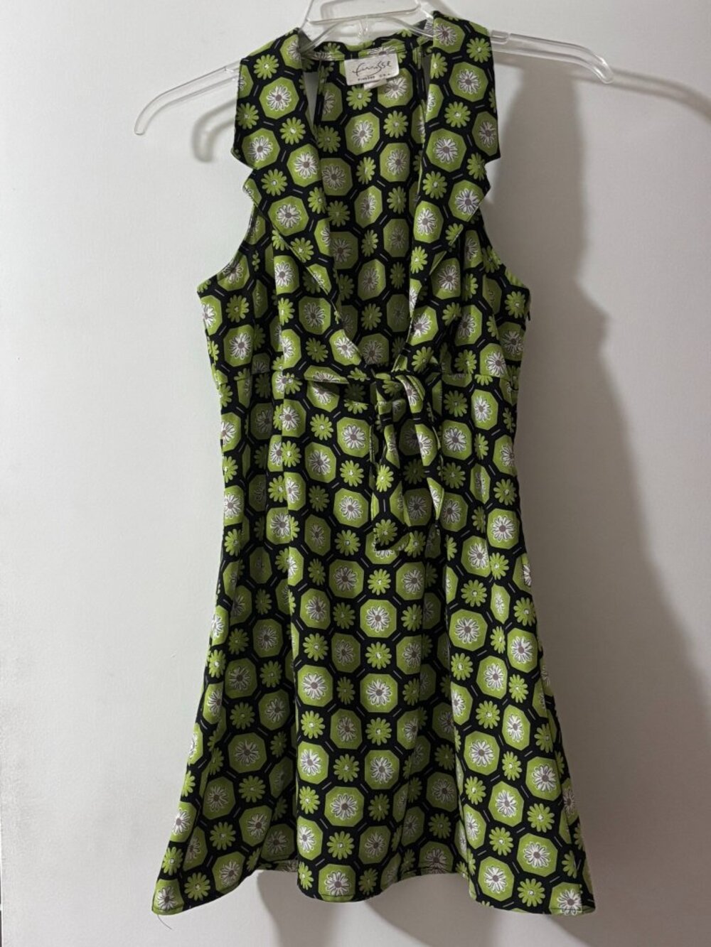 Finesse USA Vintage 90s Y2K Green Daisy Print Halter Mini Dress L